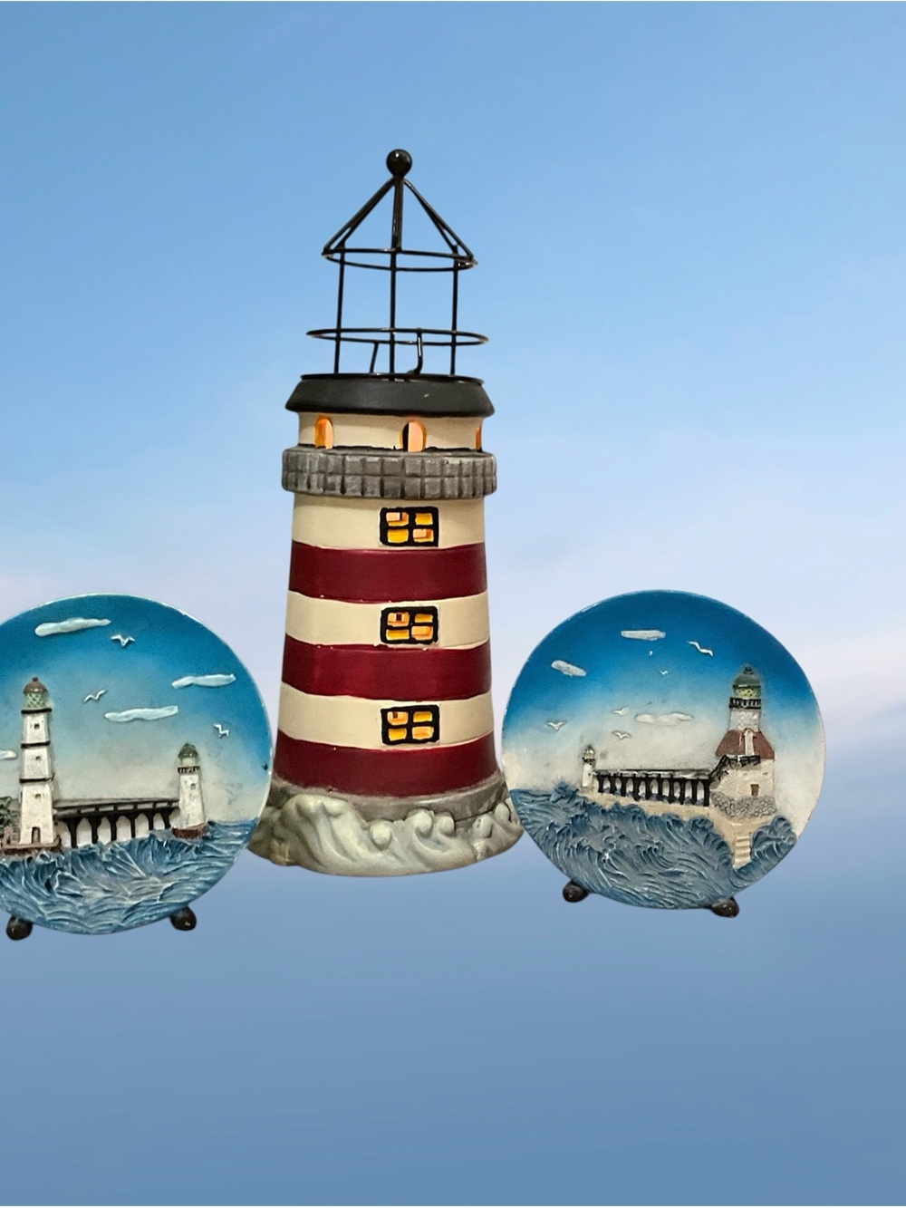 VTG Coastal Lighthouse Decor Set Ceramic Candle Holder & Mini Lighthouse Plates
